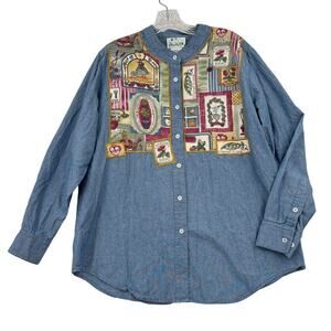 Quacker Factory Chambray‎ Shirt Size L Embroidered Garden Theme Floral Button Up